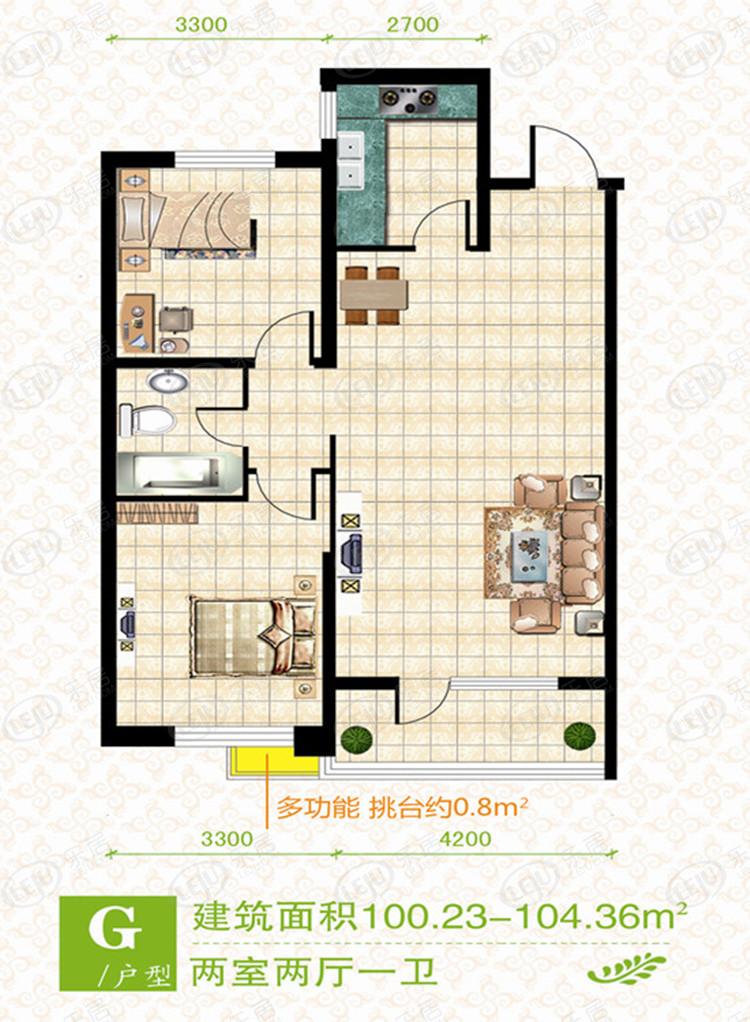 g户型 两室两厅一卫 建筑面积约100.23-104.36㎡
