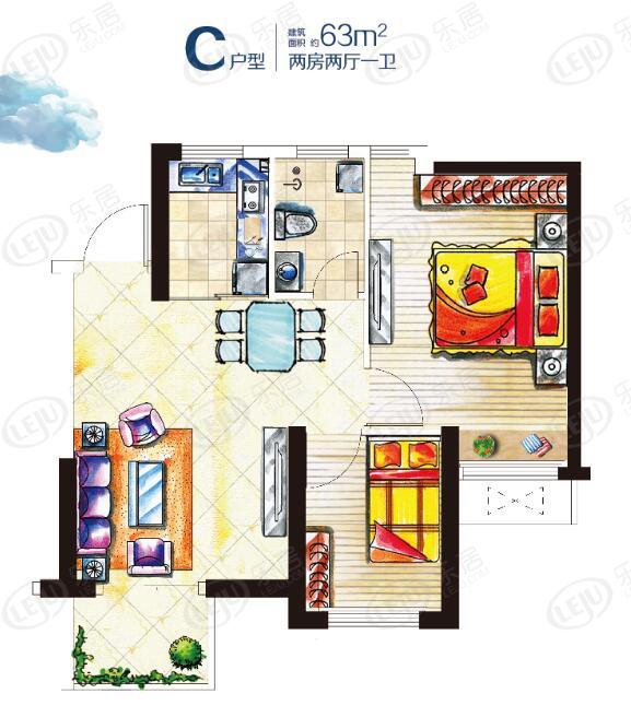 鱼先生的社区2室2厅1卫户型图 - 徐州乐居