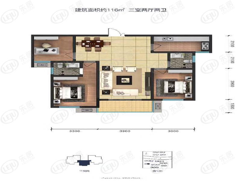 轩苑紫汀苑3室2厅2卫户型图 - 宝鸡乐居