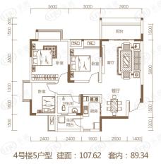 春语江山4号楼5号房 三室两厅一卫 套内89.34平米户型图